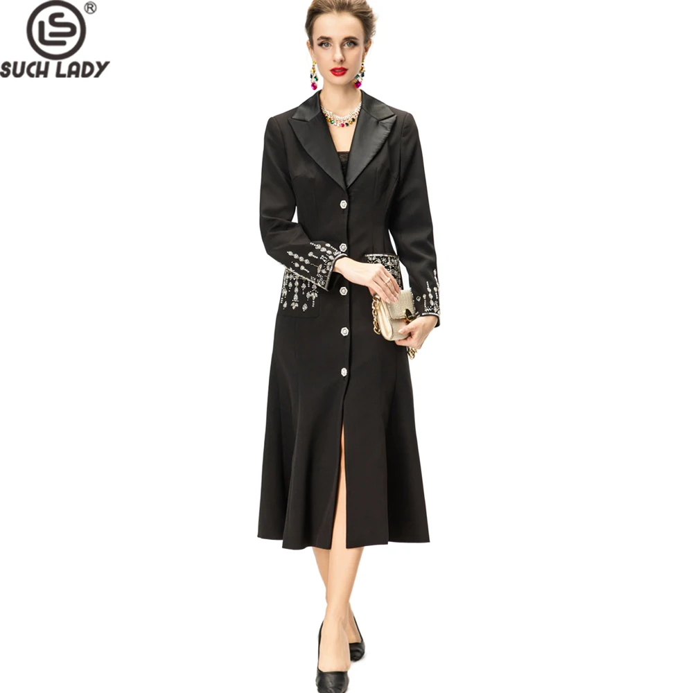 

Женский плащ с зубчатым воротником, длинными рукавами и блестками, однобортные пуговицы, верхняя одежда длиной до середины икры с боковым разрезом