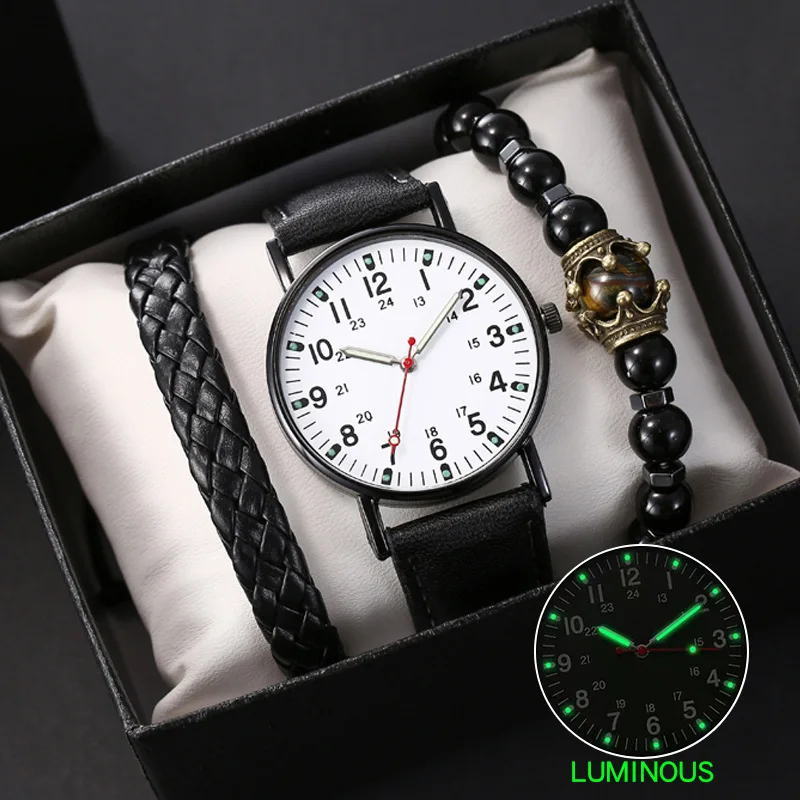 

3PCS/Set Black Men Watch Fashionable Minimalist White Dial Quartz Wristwatch Canvas Strap Watch Jewelry Set Gift For Him