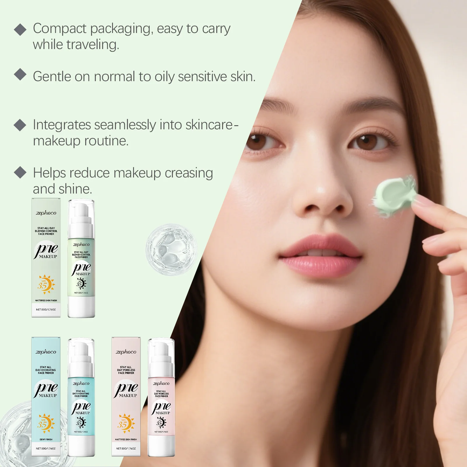 Baza pod makijaż kontrolująca wydzielanie sebum/nawilżająca/długotrwała z filtrem SPF35, naturalna, odświeżająca, lekka, rozjaśniająca kremowa baza pod makijaż.