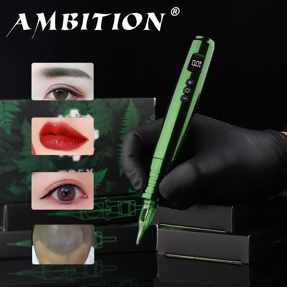 Ambition-máquina de tatuaje con batería inalámbrica, pluma para maquillaje permanente, cejas, labios, ojos, vello, potente Motor sin núcleo, carga
