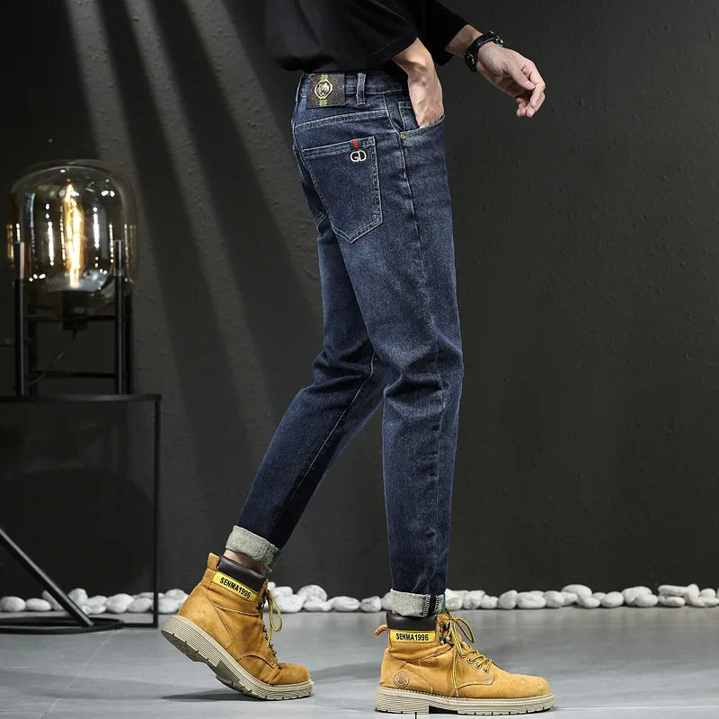 Celana Jeans Musim Semi dan Gugur, Celana Jeans Pria Bordir Elastis Slim Fit, Celana Jeans Dewasa Pria Elegan Nyaman Longgar Kelas Atas
