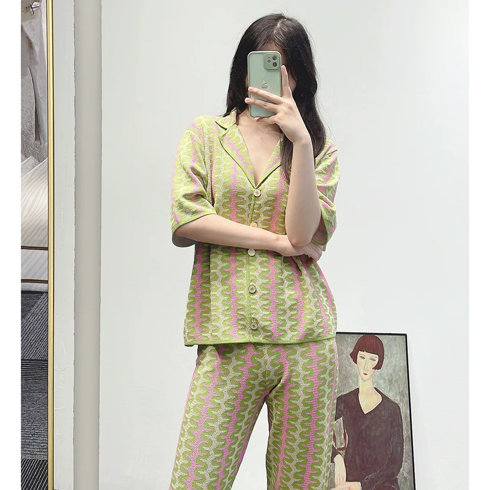 High Quality Lazy Pajama Style Women Two-piece Set Geometric Printing Knitted Cardigans Top + High Waist Straight Pants Suits