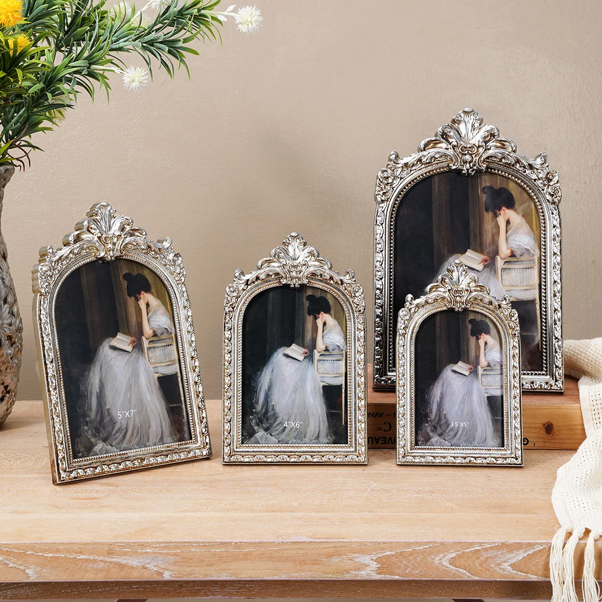 1PC, European Retro Silver Arched Lace Decorative Photo Frame, Suitable for Photo Display, Home Decoration and Photography Props