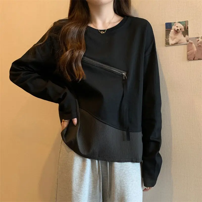 Spring Autumn Solid Color Women\'s Clothing Pullover Lantern Long Sleeve Hoodies Round Neck Zipper Casual Loose Screw Thread Tops