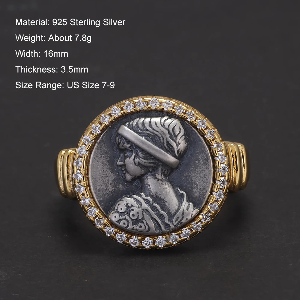 S925 Silver Gold Plating Cameo Ring with Zircon Women Opening Type Vintage Round Coin Rings Fine Jewelry Gift