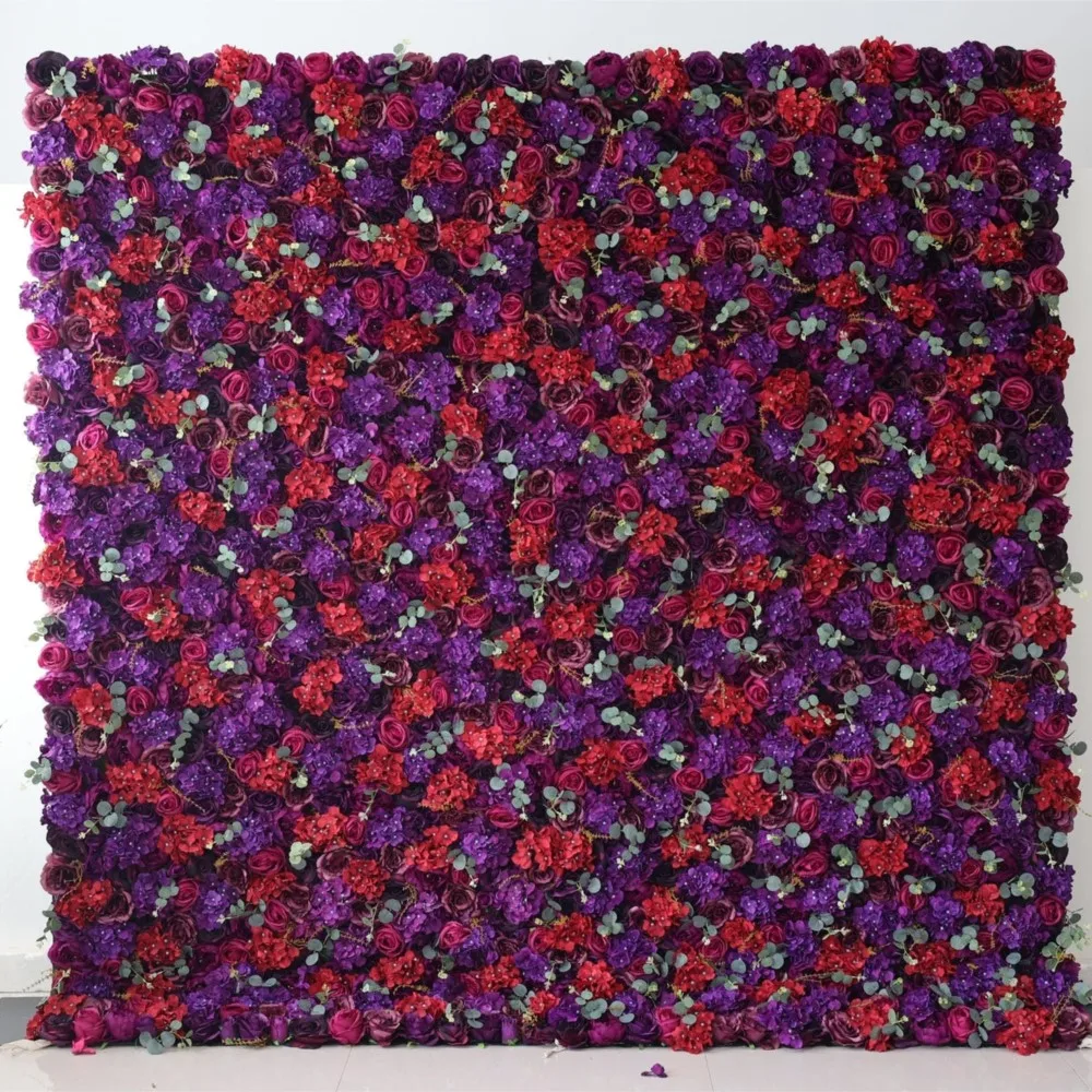 

Royal Series Luxury Dark Purple Rose Red Hydrangea 3D mixed floral fabric flower wall wedding background Green curtains