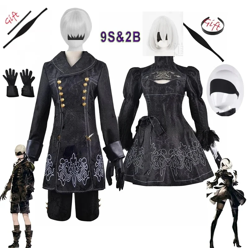 Disfraz de Anime Nier Automata, traje de 9S Yorha 2B, traje de mujer y hombre, peluca, disfraz de Halloween de talla grande, vestido negro de fiesta elegante