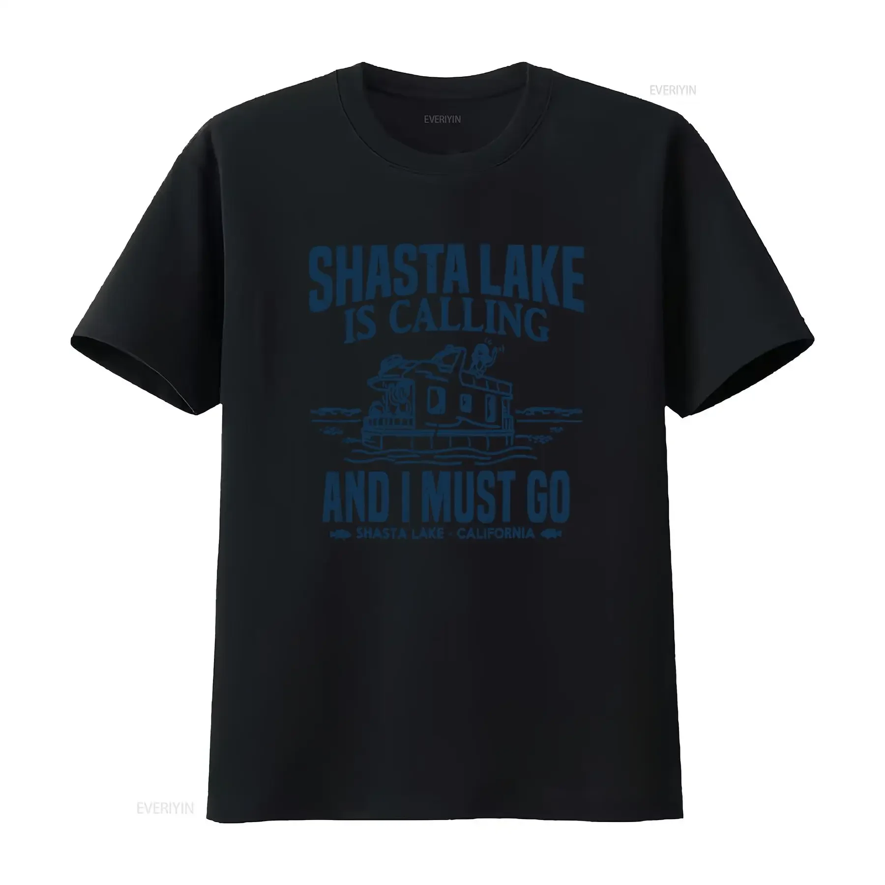 T-shirt décontracté vintage avec slogan imprimé Shasta Lake Houseboat, effet délavé, confortable, vêtements graphiques de designer, polyvalent