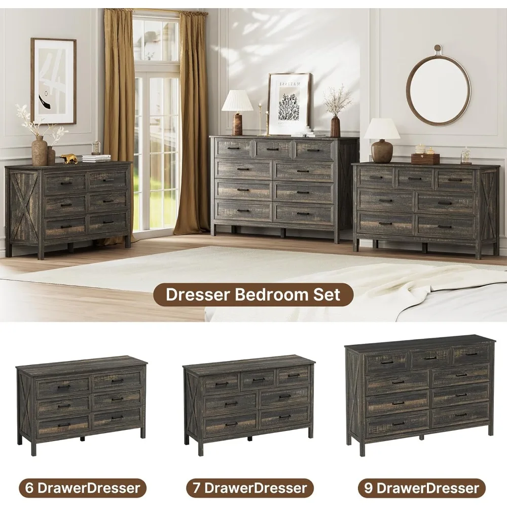 Rustikale 55" breite Holzkommode mit 9 Schubladen, X-Markierung und Stangengriffen für die Aufbewahrung im Schlafzimmer