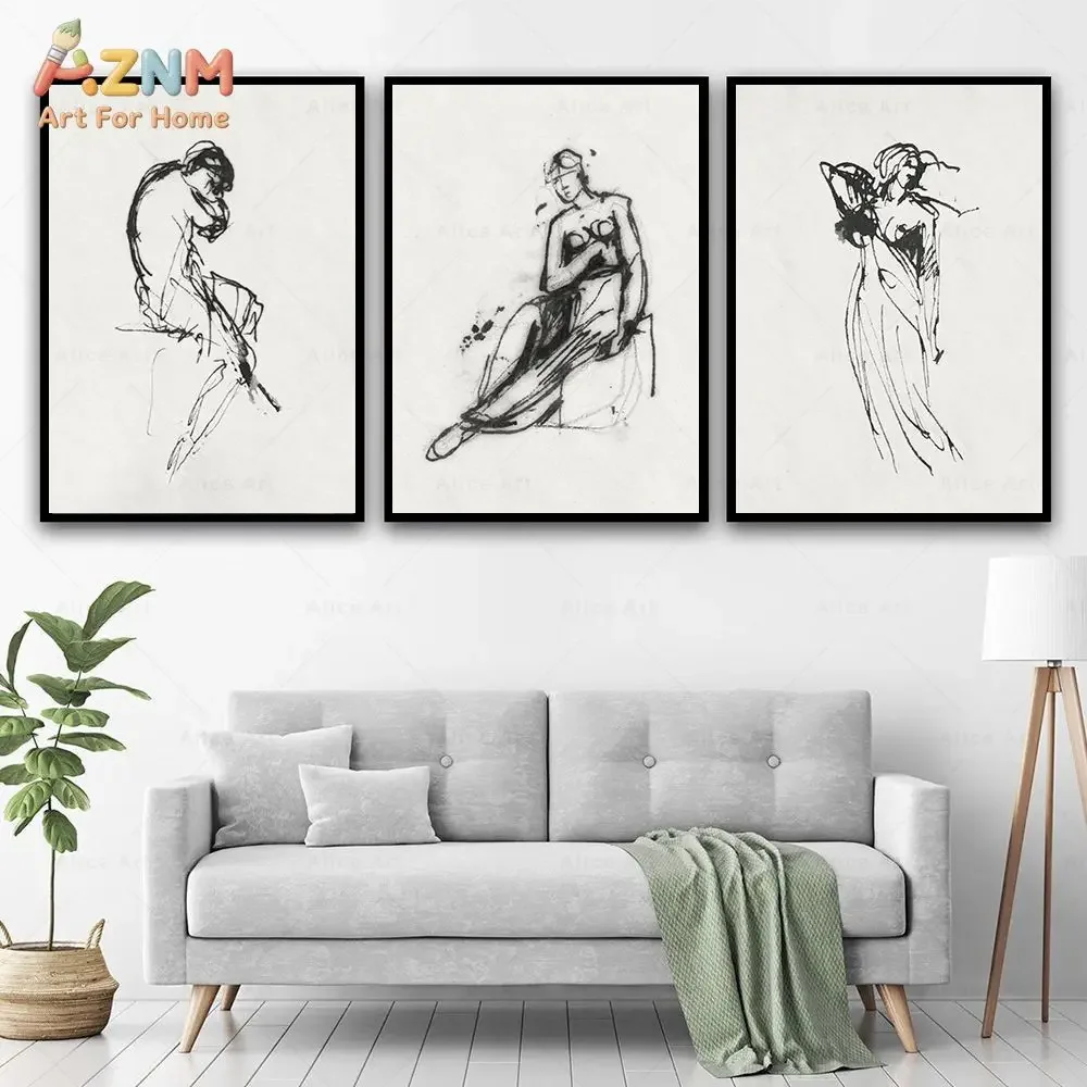 AZNM Abstract Human Figure Sketch Canvas Wall Art Black Line Drawing Vintage Body Art Print Frameless Canvas Painting Living Roo