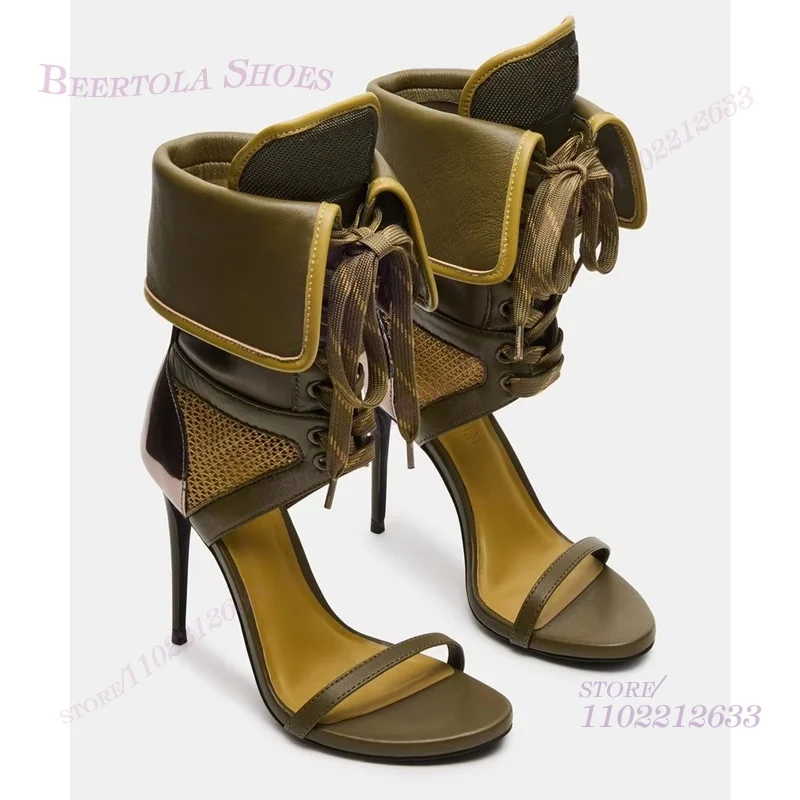 

Ankle Fold Lace Up Sandals Open Green Round Toe Stiletto Heel Khaki Mesh Leather Patchwork Weave Pleated Booties Casual Shoes