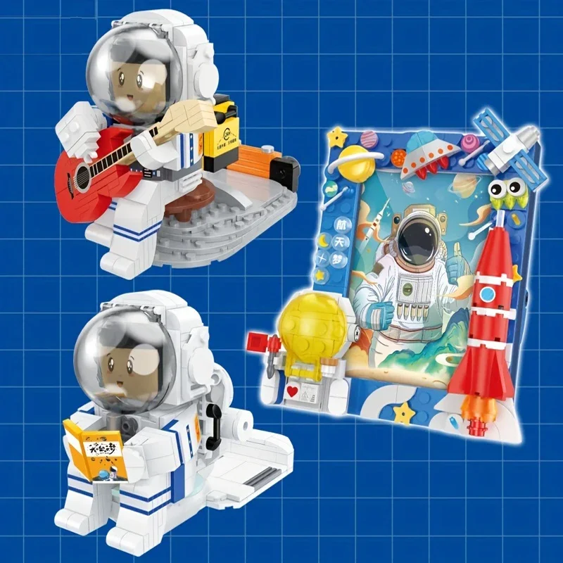 Bloques de construcción de la serie de astronautas para niños, ladrillos de montaje de marco de fotos de soporte móvil con tema creativo de astronauta, regalos de navidad