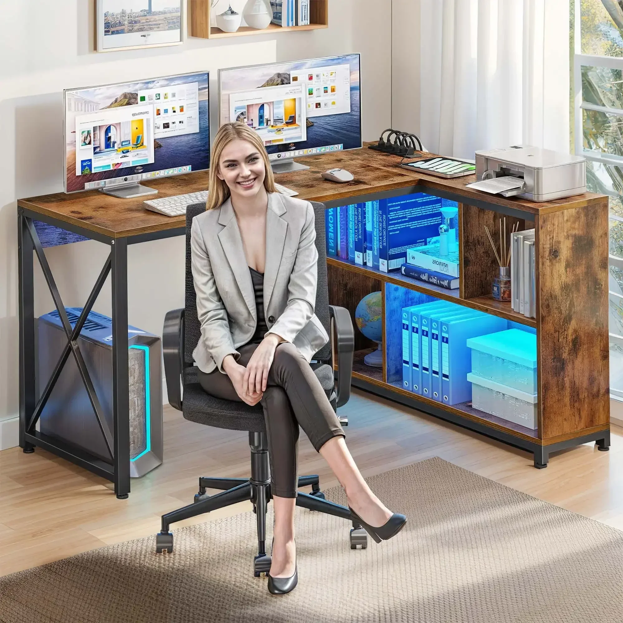 L Shaped Desk with LED Light & Power Outlets,Computer Desk Office Desk for Home Office, Brown