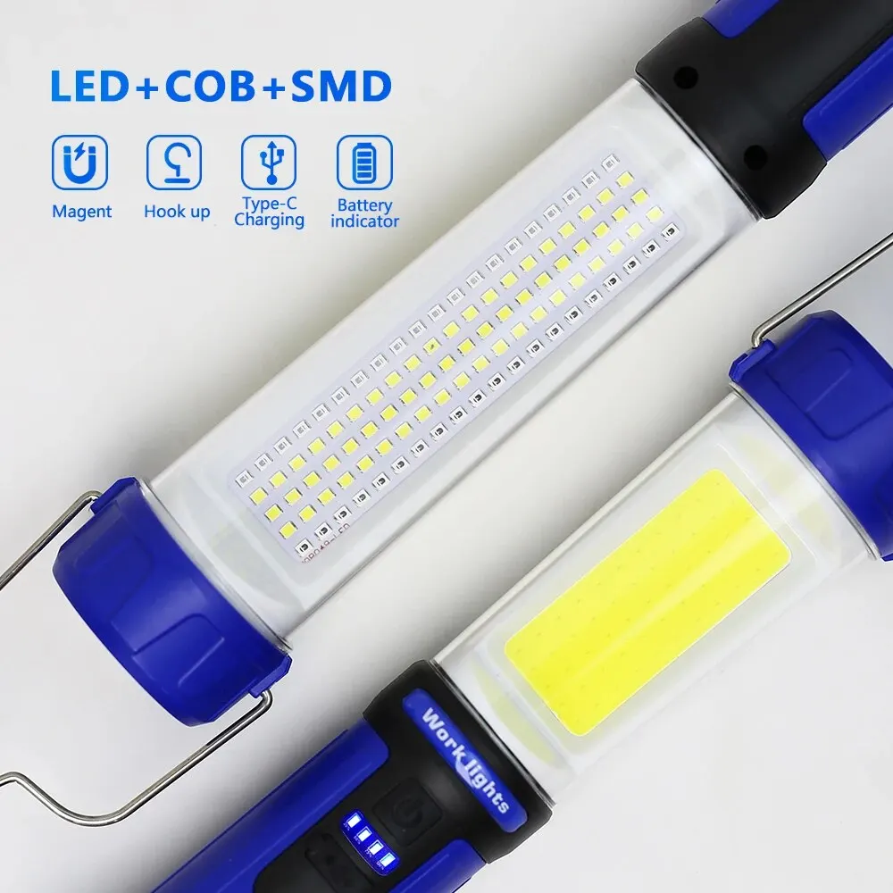 Torcia a LED COB lampada da lavoro portatile magnetica proiettore ricaricabile USB lampada a LED per officina torcia da campeggio con batteria incorporata SMD