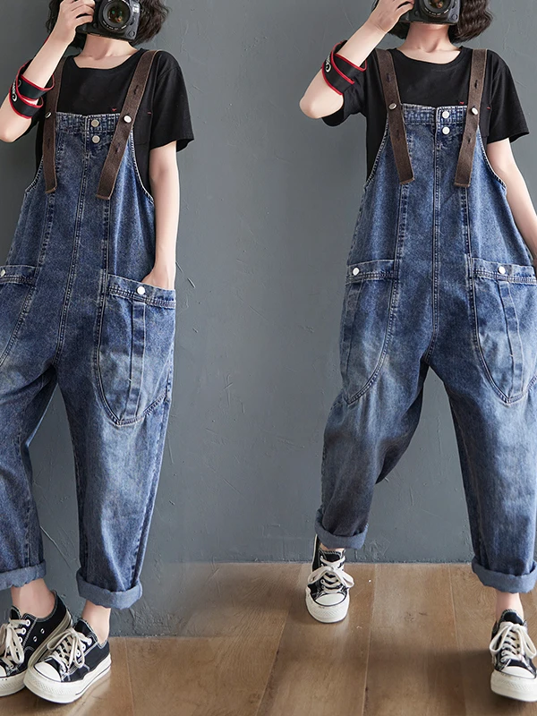 

Anti-Aging High Waist Loose Women's Denim Overalls Korean Sle Summer Faion Thinming Nine-Piece Harlan One-Piece Pants