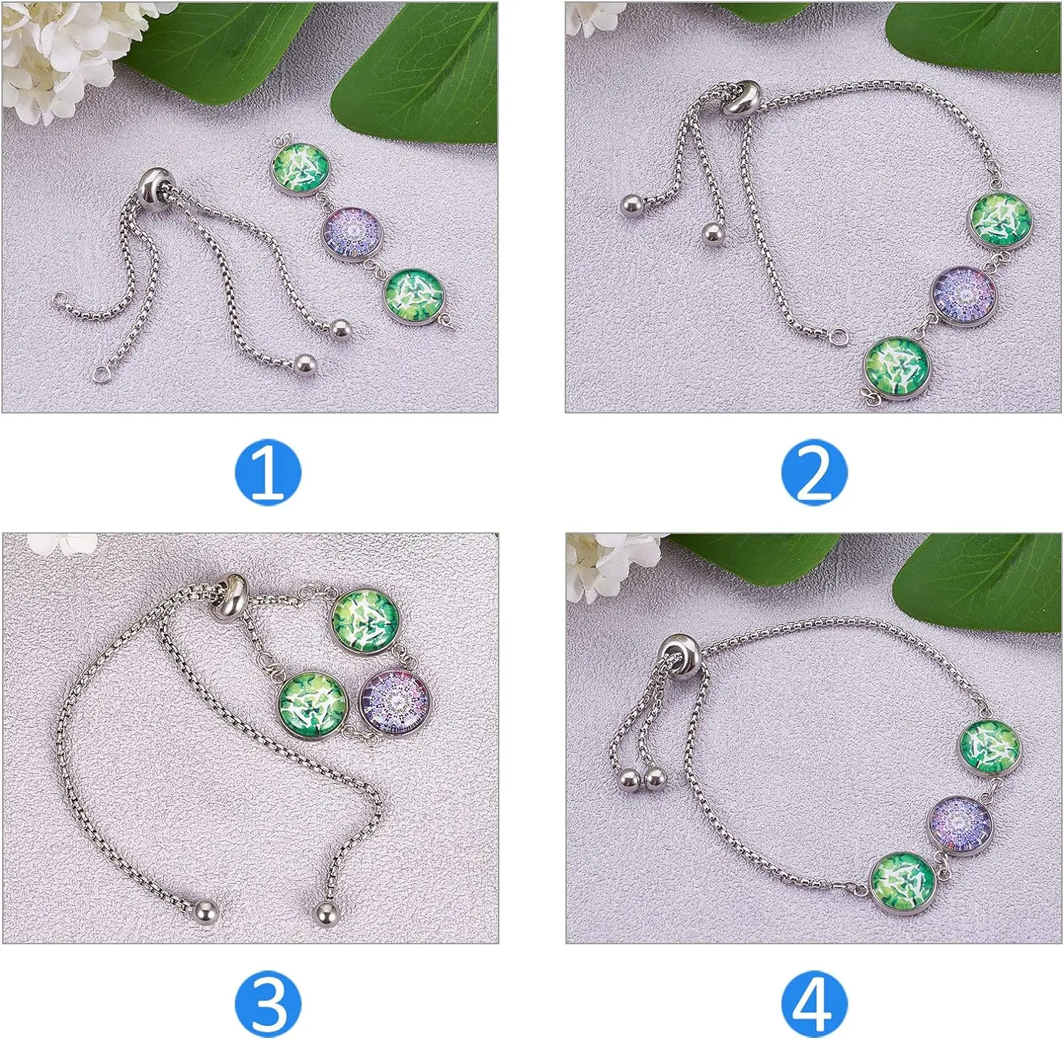 2 Stück Edelstahl-Schiebe-Verstellketten-Armbänder mit Gummiperlen für DIY-Verbindungsstücke, Schmuckherstellungszubehör – Detail 6