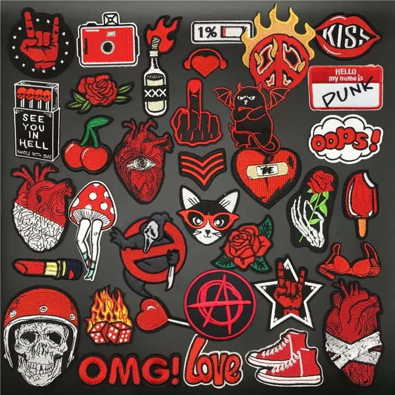 Rote Herz-Aufnäher für Kleidung, Punk, bestickt, zum Aufbügeln, Abzeichen, Streifen für Kleidung, Aufkleber, Applikationen, DIY-Dekoration, Aufnäher
