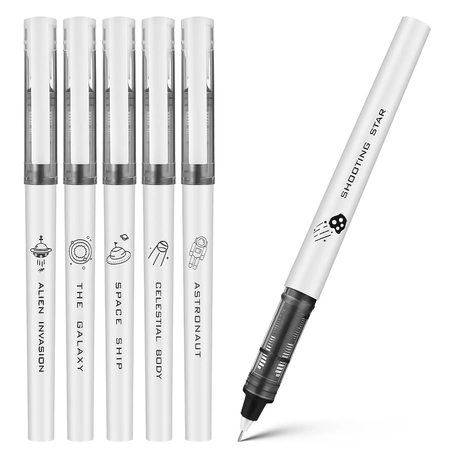 

6Pcs Liquid Ink Pens Fine Point Black Ink Roller Ball Pens Quick Drying Smooth Writing Office Supplies Space Theme Note Taking