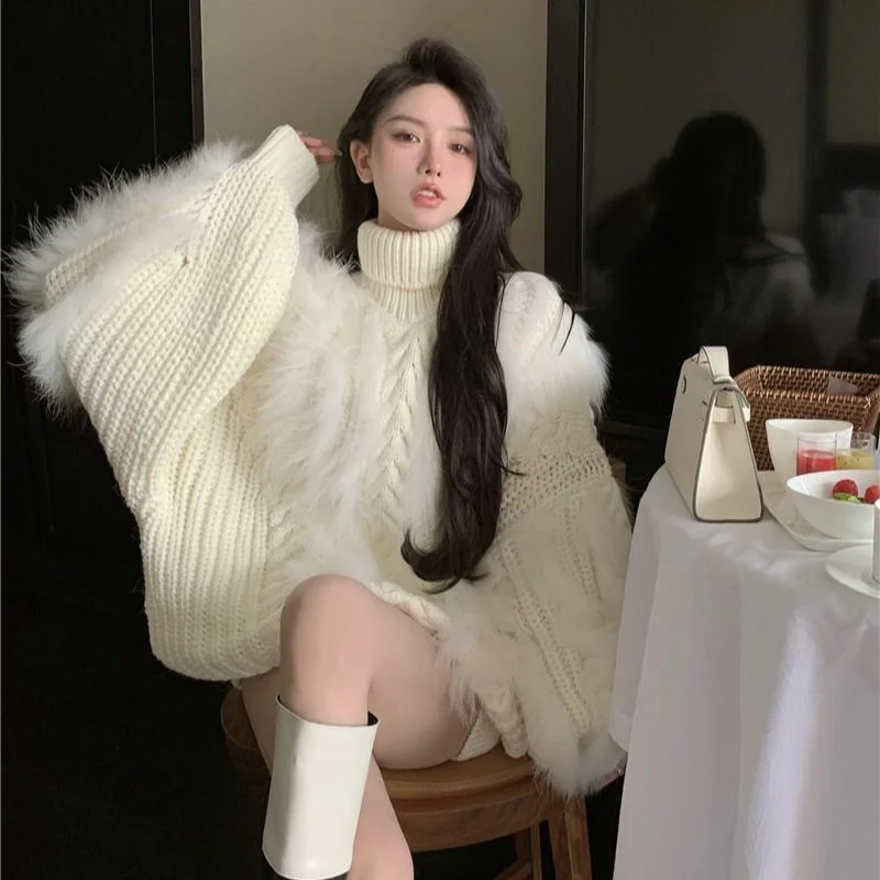 Pullover Sweater Female Goddess Model High Neck Top Women Winter New Celebrity Long Sleeve White Coat Pullover Sweater Women