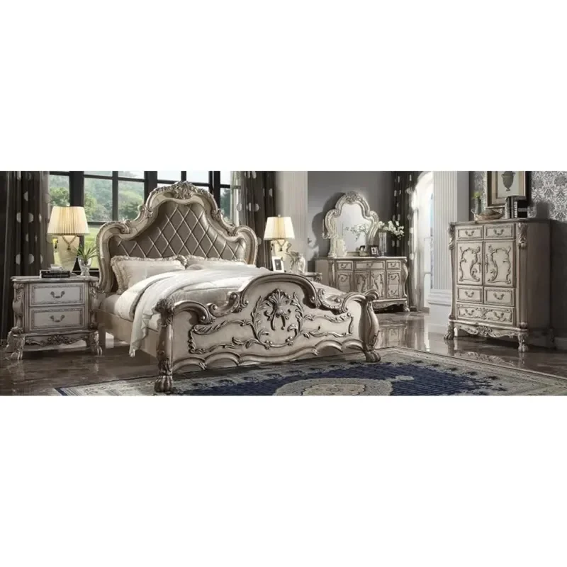for Royal Deluxe Bedroom Set Solid Mahogany PU Leather Hand Carved Handcrafted Customizable Size Suitable for Indoor Bedrooms