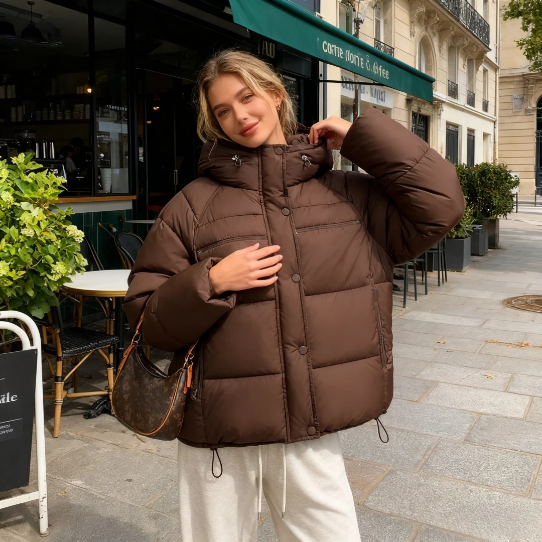 Parka con capucha para mujer, Parkas de manga larga, abrigos holgados con bolsillos informales, prendas de vestir exteriores, básicos de invierno 2025, cálidos y sólidos empalmados