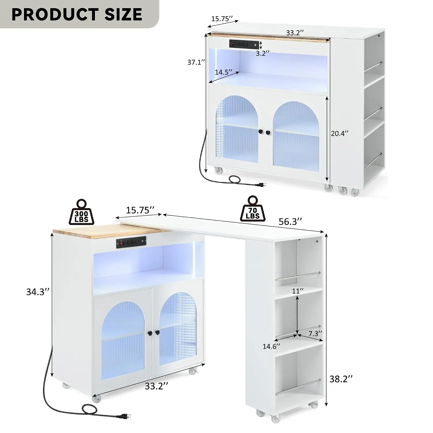 Rolling Kitchen Island Cart with Extended Table LED Lights Power Outlets Glass Door Storage Shelf White Customized image 4
