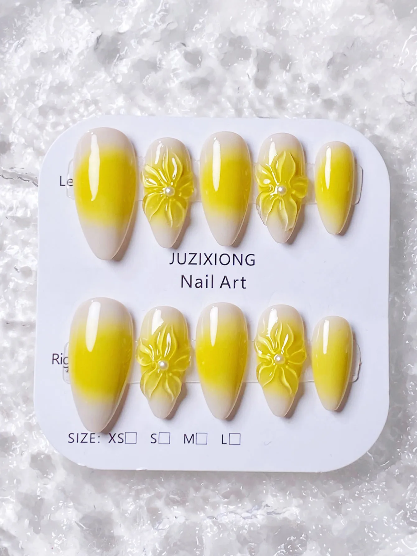 10 morceaux de fard à joues dégradé jaune en forme d'amande fait à la main, fleur tridimensionnelle artisanale pressage nail art pour ongles