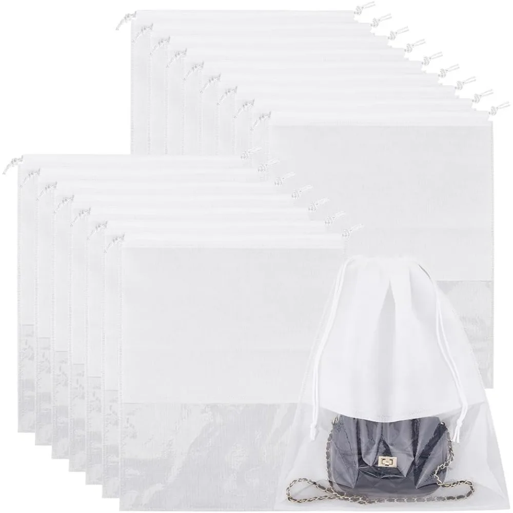 

16Pcs Shoe Bags for Travel Dust Bags with Drawstrings White Non-Woven Fabric Dust Bags with Visible Window Shoes Storage