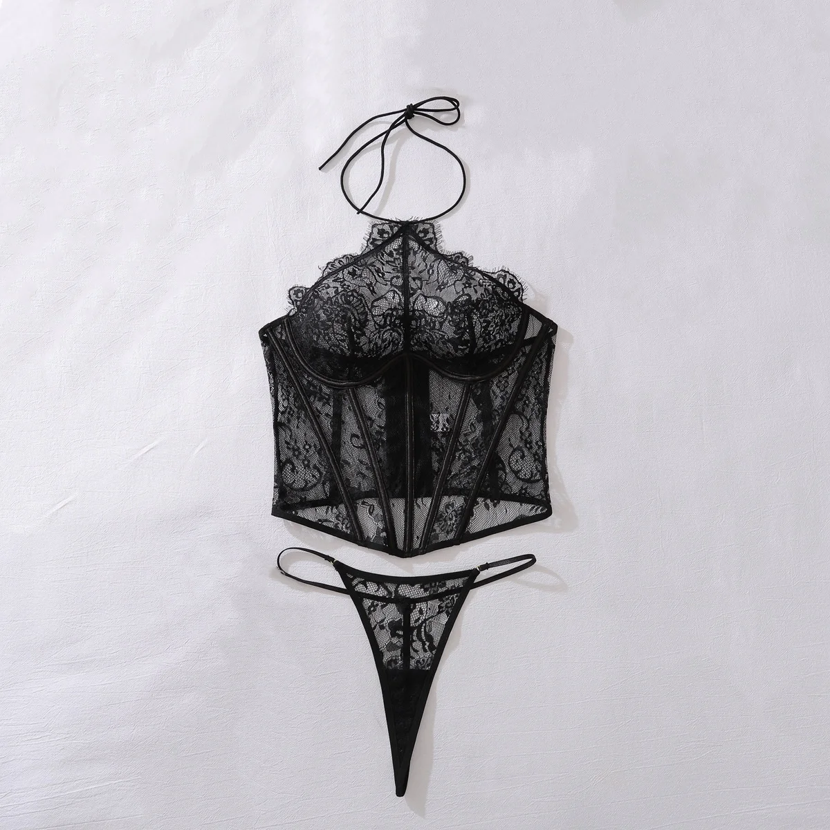 

French Style Sexy Perspective Lace Fishbone Lingerie Set Hot Girl Slimming Corset Women's Ultra Thin Over-the-Shoulder Bodysuit