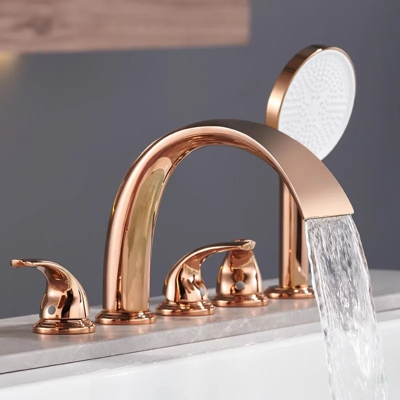 Rose Gold Bathtub Faucet Set Widespread Tub Sink Mixer Tap Brass Brushed Gold Bathroom Bath Shower Faucet with Hand shower Head