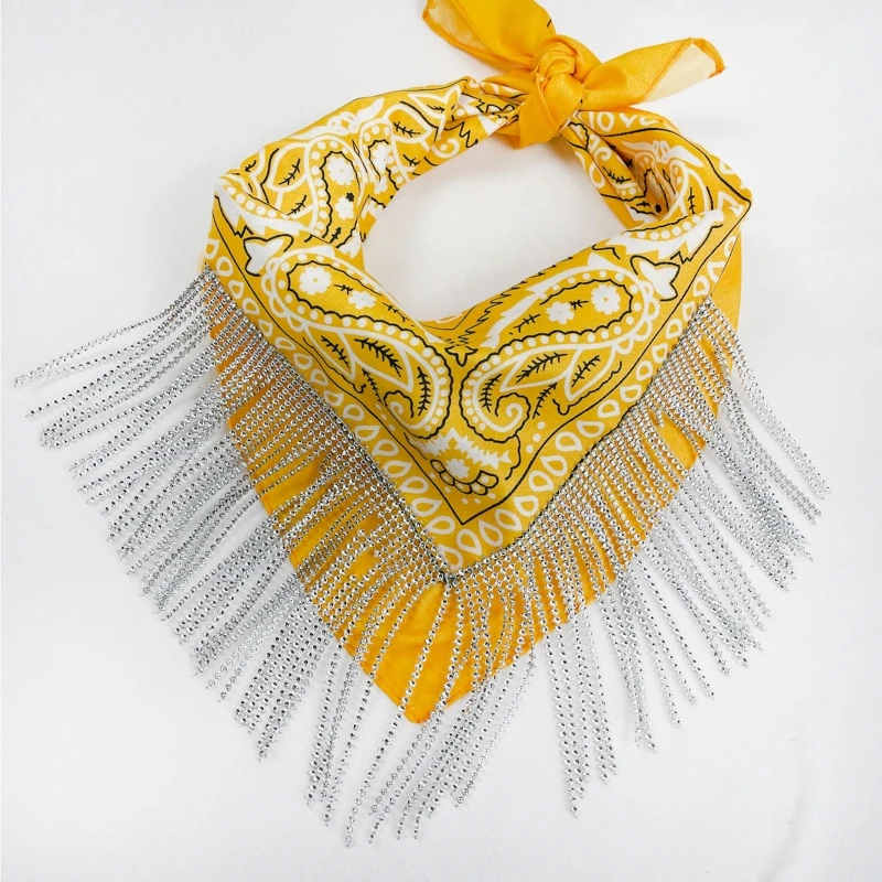 652F Delicate Versatile Disco Bandanas with Silver Fringe Headscarf Embellished Bandana Turban for Western Theme Party