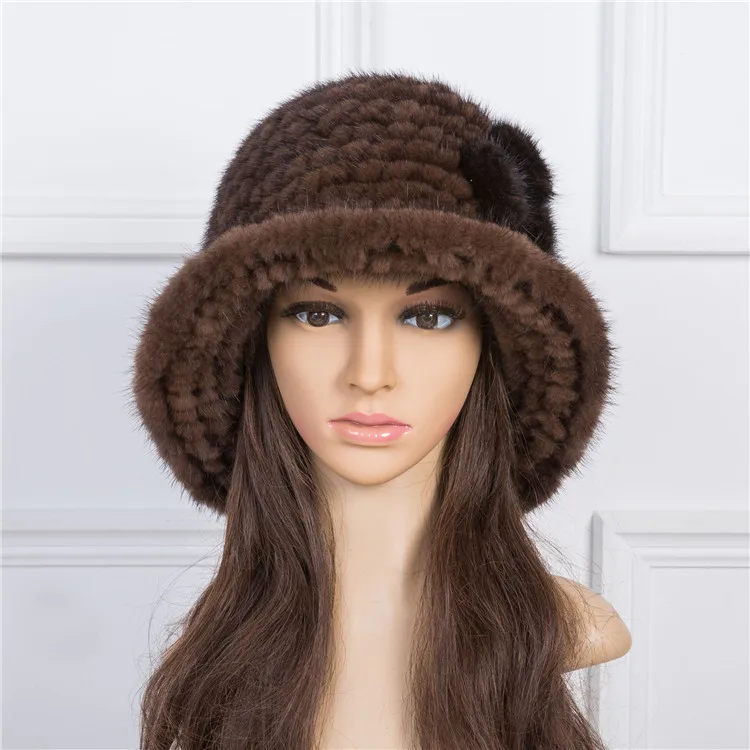 قبعة فيدورا من فرو المنك للسيدات مع لهجة زهرة المنك، قبعة شتوية دافئة وعصرية من الفرو المحبوك #1