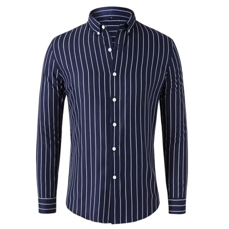 Camisa de manga larga a rayas azules y blancas para hombre, vestido de moda, ajuste estándar, blusa con botones, nuevo