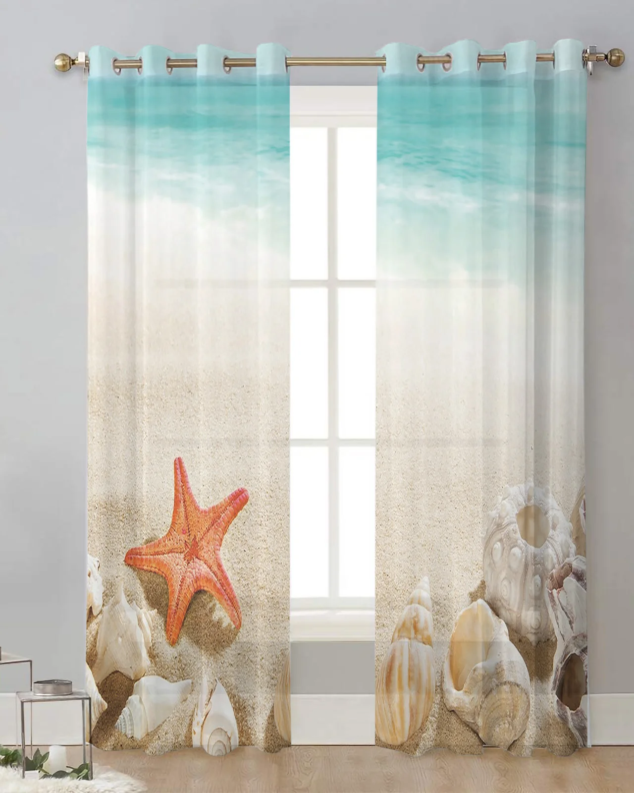 Summer Beach Starfish Shell Tulle Drapes for Living Room Bedroom Sheer Window Curtains Kitchen Balcony Modern Voile Curtains