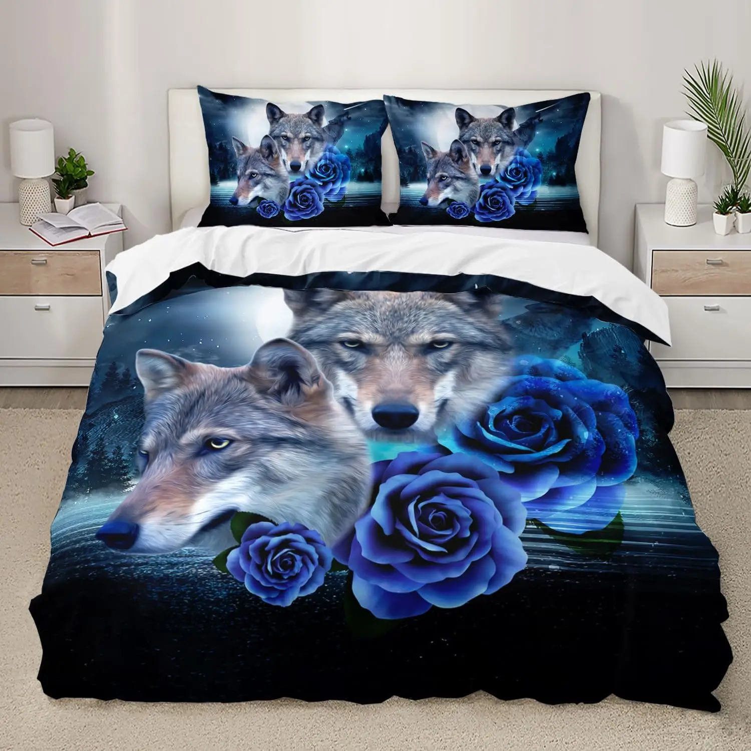 Snow Wolf Duvet Cover Set Full Queen Night Galaxy Starry Wolf Comforter Cover Wild Animals Wolf Themed Bedding Set 2/3 Pieces - view 6