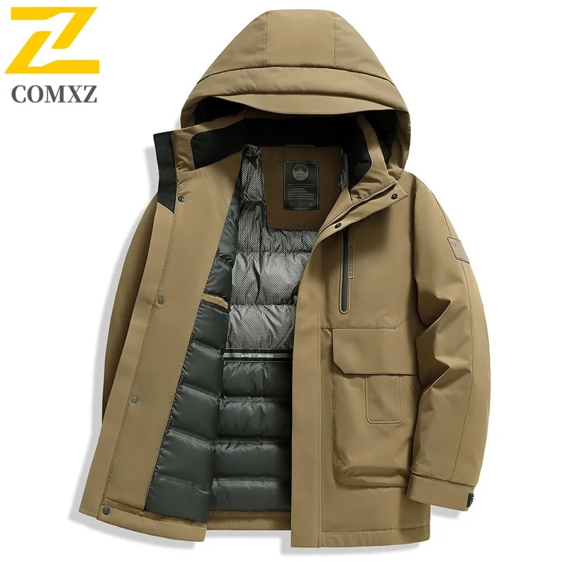 COMXZ Men Puffer Coat Classic Hooded Commuting Office Windproof  Parka Premium Solid Color Travel Comfortable Autumn Winter Coat