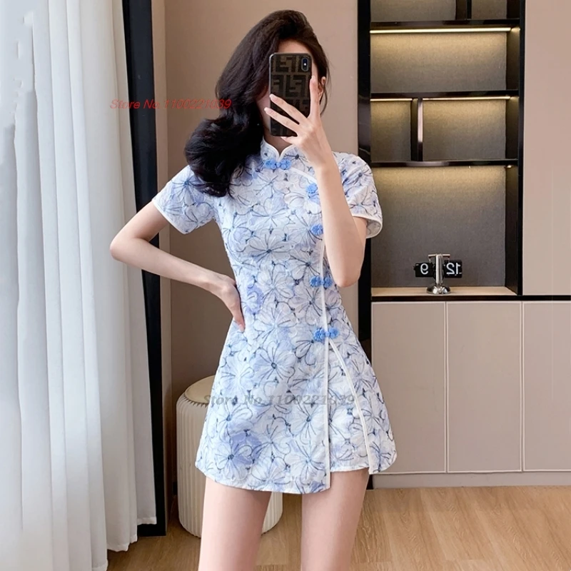 

2024 chinese nightclub dress improved cheongsam national flower print qipao dress+shorts hotel spa work dress beauty uniform