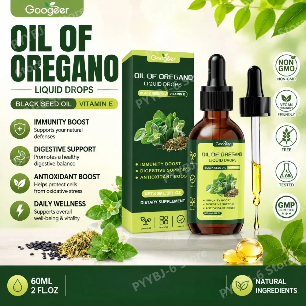 Oregano Oil Liquid Drops with Black Seed Oil VitaminE Natural Herbal Supplement for Immunity Digestive &Antioxidant Support 60ml