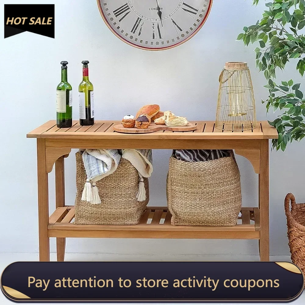 

Plantation Teak Camping Table 47in 2-Shelf Patio Console Table Indoor Outdoor Multifunctional Buffet Bar Storage Organizer