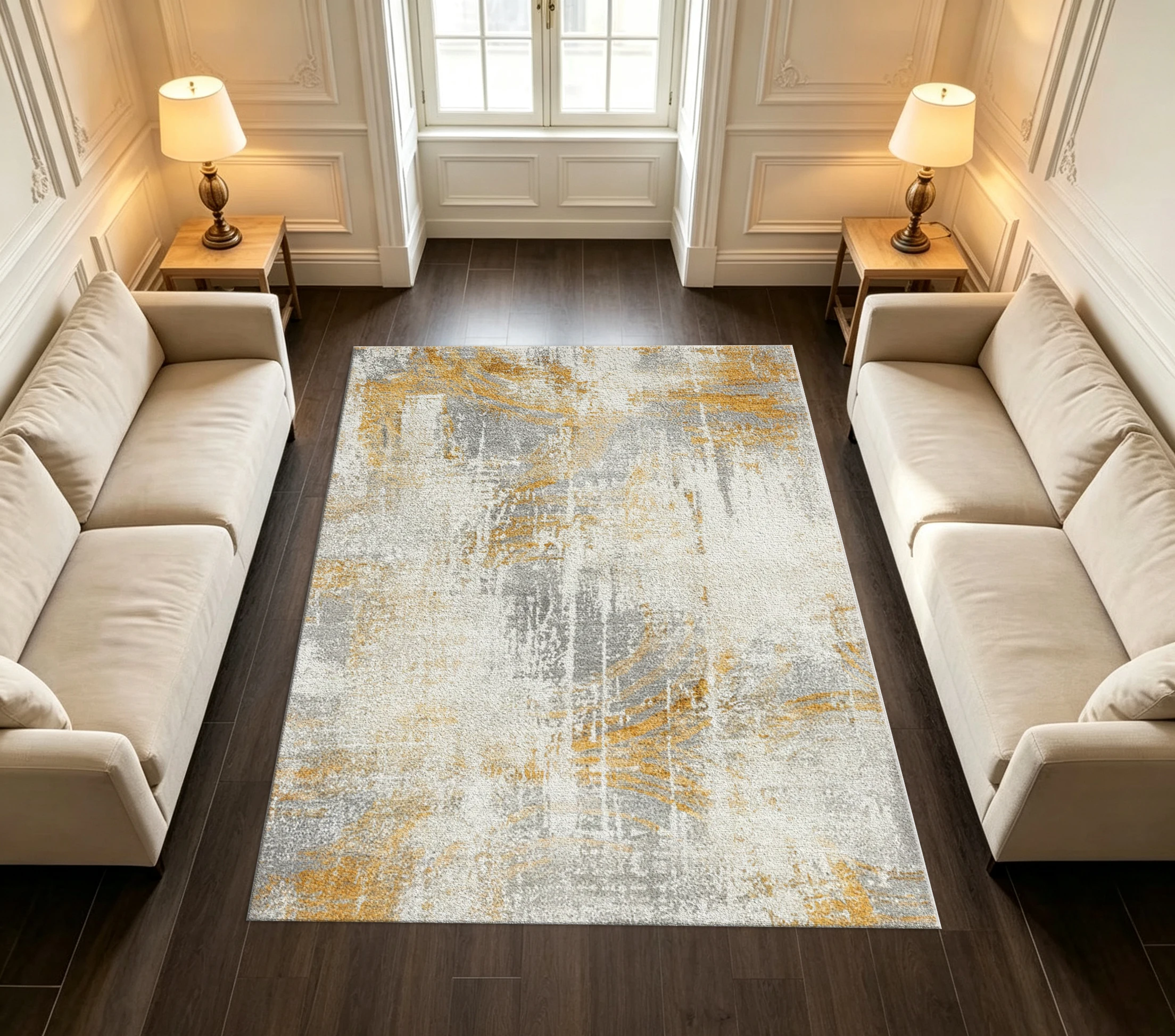 Abstract Gold Grey Brush Stroke Carpet Flooring Modern Art Area Rug Soft Decorative Floor Mat for Living Room Bedroom