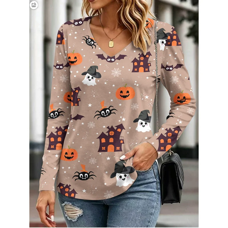Pumpkin smiley face print women's collared long-sleeve dress is suitable for casual and versatile wear