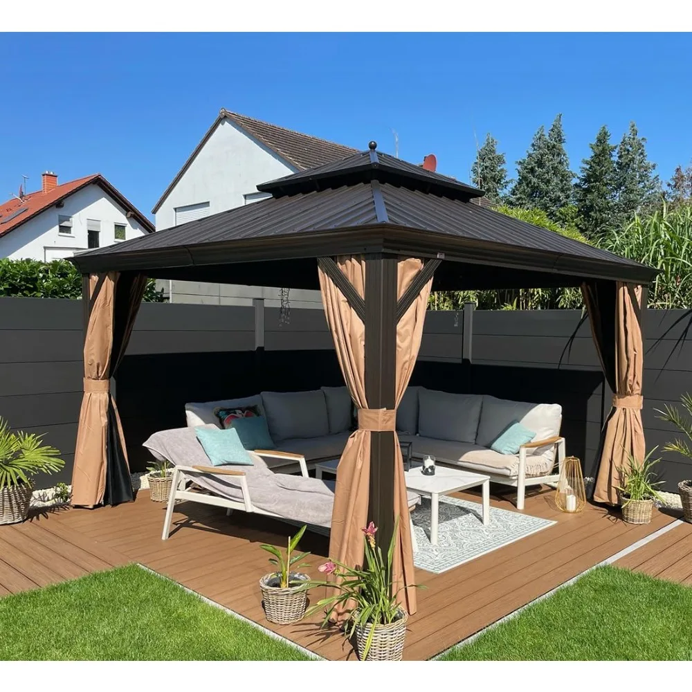 

12' X 12' Gazebo, Permanent Outside Heavy Duty Sun Shade Deck Canopy for Patio Aluminum Metal Roof Backyard Pavilion, Gazebo