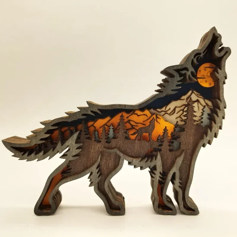 Wolf Totem Wooden Hollow Christmas Animal Creativity Desktop Home Carving Crafts Decor LED Living Room Decoration Accessories