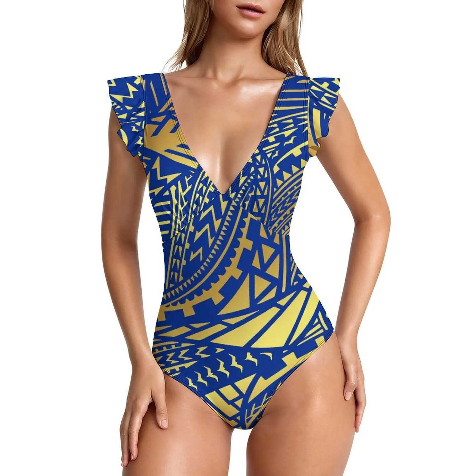 High-Quality Custom-Printed Polynesian Women'S Beach Vacation Gathering One-Piece Swimsuit With V-Neck And Ruffled Sleeves