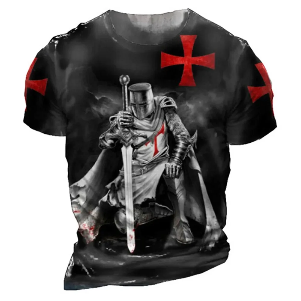 2025 New Vintage Men's T-shirts Knights Templar Print For Men Summer Oversized Tops Short Sleeve Tees Casual O-Neck Men Clothin