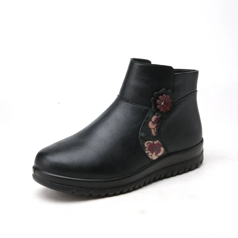 Botas de cuero informales para mujer, botines cálidos de felpa gruesa, tacón plano, color negro, invierno, 2023