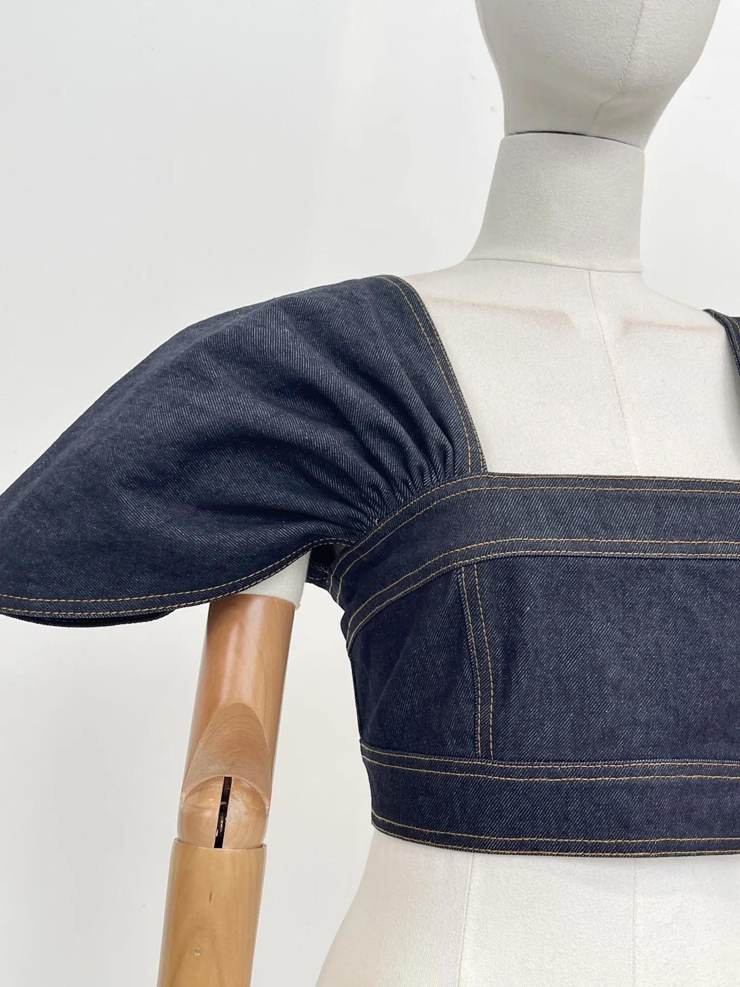 Blue Short Sleeve Squared Collar Blouse Tops and Irregular Hem Denim Midi Skirt Set for Women