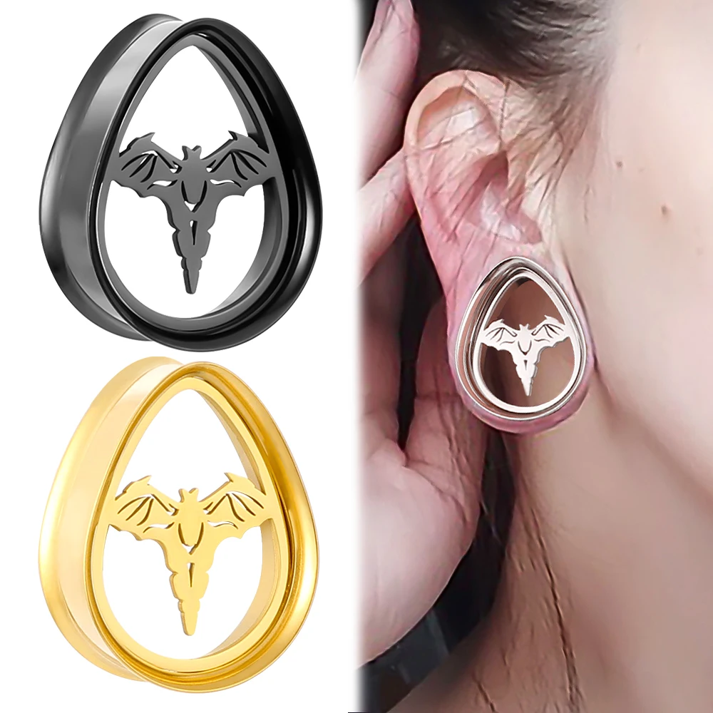 Giga 2 PCS Bat Design Teardrop Ear Plugs Gauge for Women Stainless Steel Double Flared Ear Tunnel Body Piercing Jewelry Expander