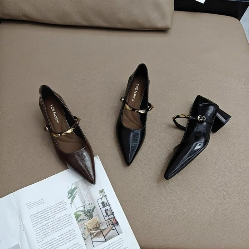 

Ретро-туфли Мэри Джейн для женщин, кожаные туфли с заостренным носком на низком каблуке с металлическим ремешком и пряжкой, черные и коричневые, для торжественных случаев