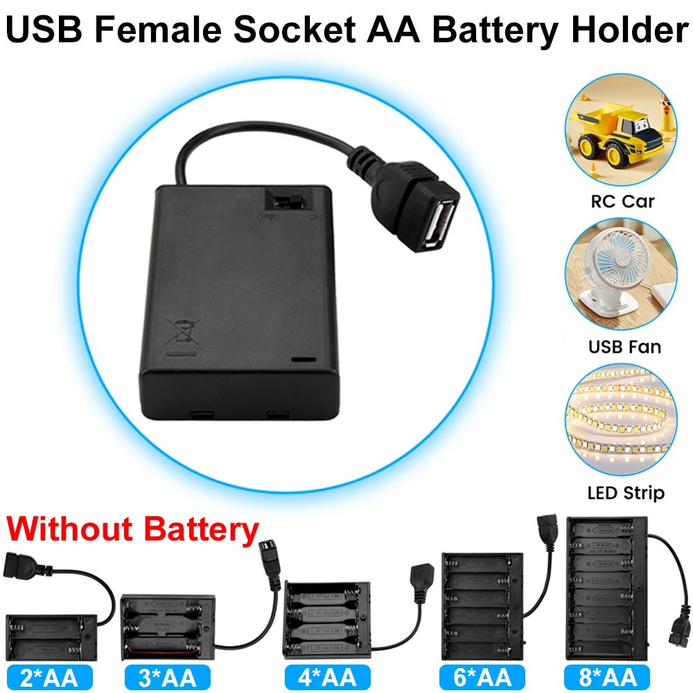 Portable Mini 2/3/4/6/8 x AA Battery Holder Case, USB Power Supply Box for LED Strip Lights, Storage Box with Cover & Switch